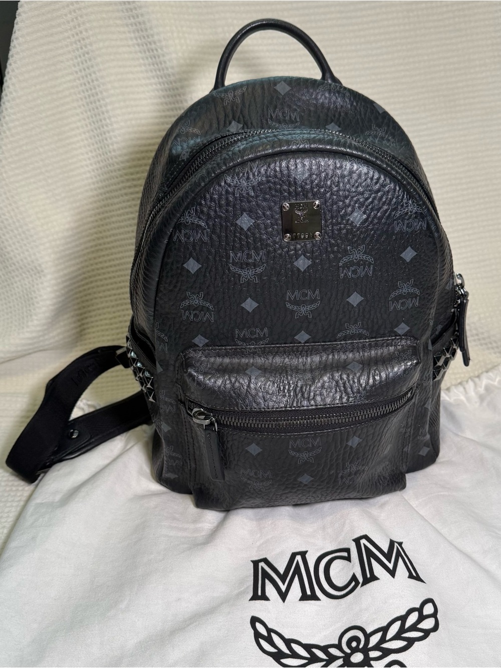 MCM Women’s Black Leather Stark Backpack with Studs